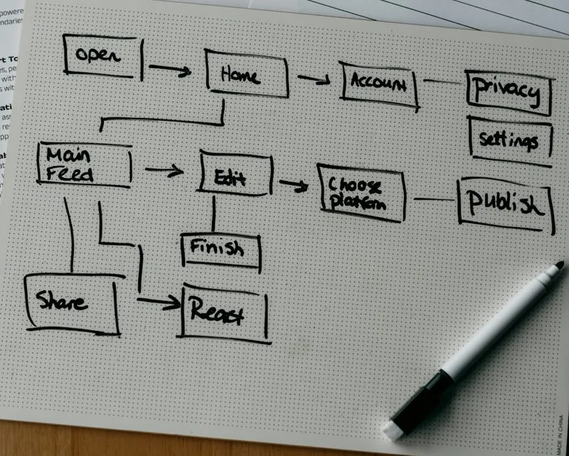 A hand-drawn project flow diagram beside a pen.